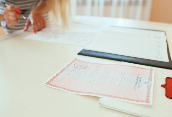 Certificate of marriage on the table in the registry office