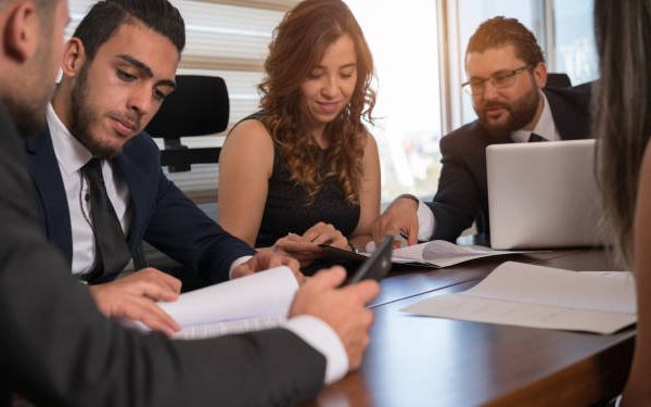 Portrait of confident caucasian people Business meeting. Marketing strategy